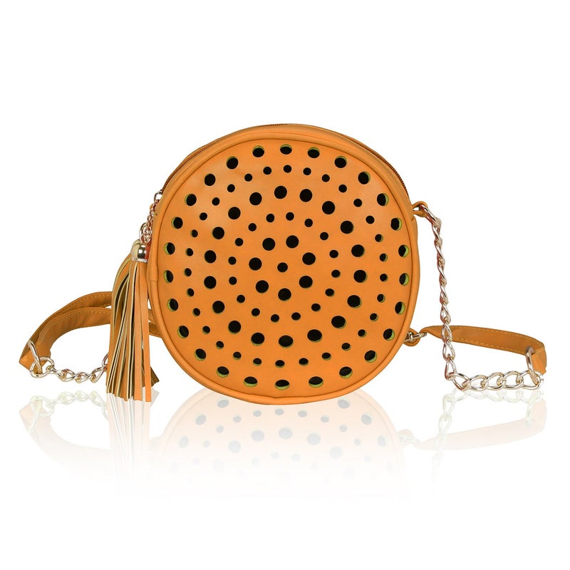 KLEIO Women's Stylish Round Double Compartment Laser Cut Cross Body Sling Bag with Tassel - Image 2